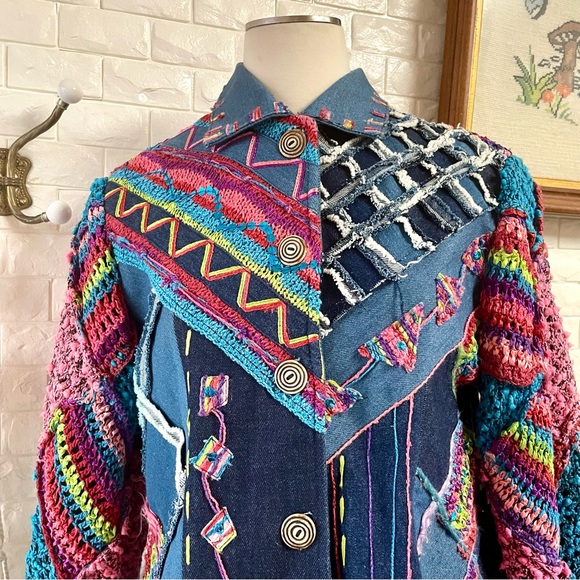 Vintage Sandy Starkman Crochet Sequin Patchwork Denim Jean Jacket - Picture 3 of 16